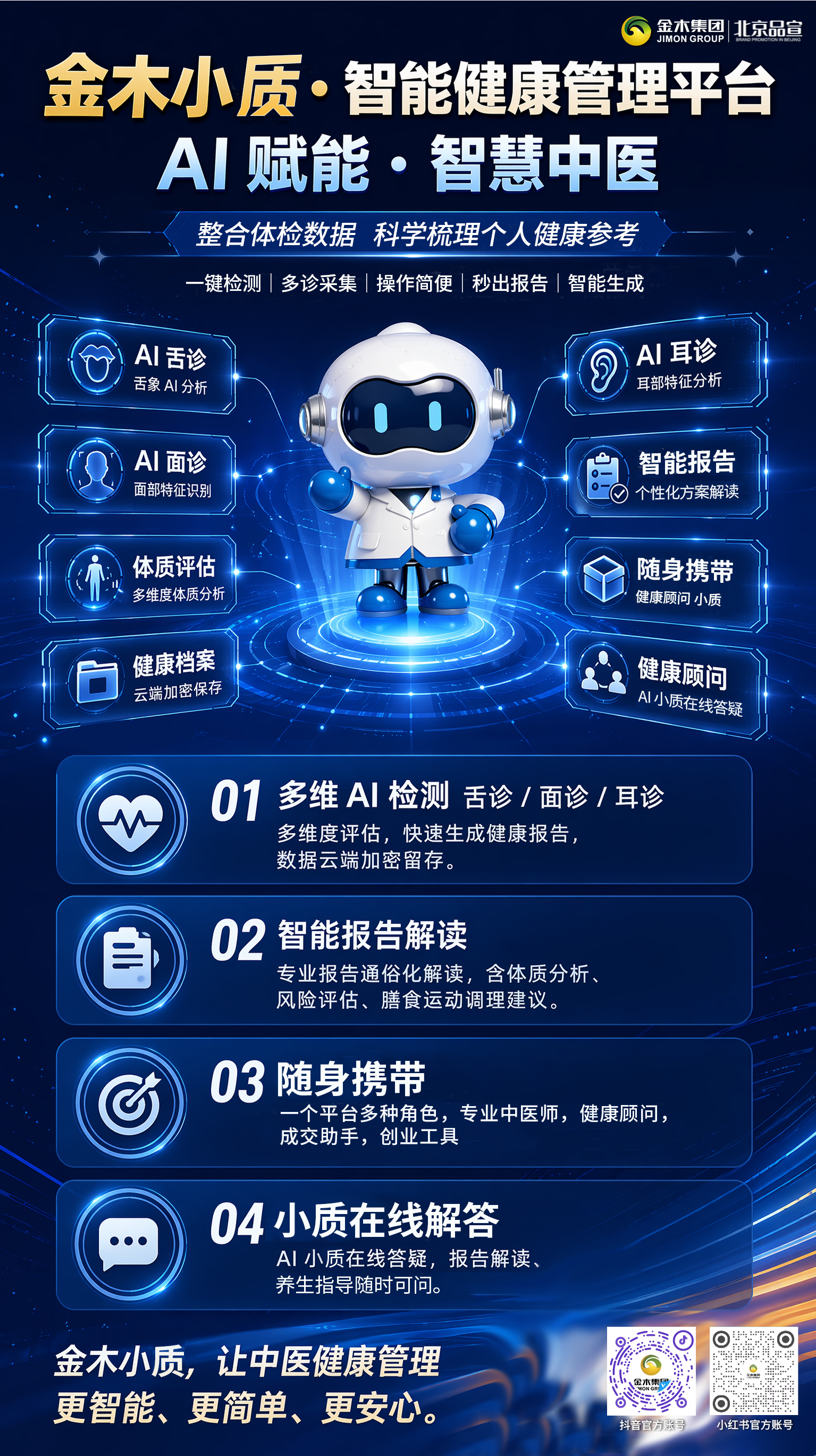 🔬金木集团上海实验室硬核研发🤖 AI小质便捷中医体检。1.🔬【集团科研】金木集团上海实验室博士团队自研专利配方📜。2.👅【多维检测】AI小质舌/面/耳三诊一站式居家健康筛查🩺。3.☁️【智能服务】云端建档秒出报告，随身携带健康顾问小质🤖。4.💼【多元用途】随身健康顾问，自用创业两相适配✨